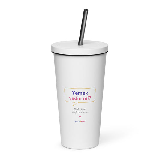 Yemek Yedin Mi? Insulated Tumbler with Straw, 20 oz, Roots & Talks - White