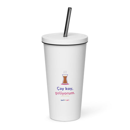 Çay Koy, Geliyorum Insulated Tumbler with Straw, 20 oz, Roots & Talks - White