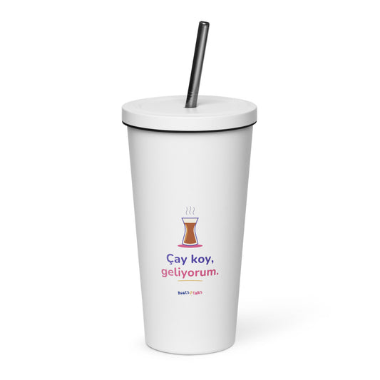 Çay Koy, Geliyorum Insulated Tumbler with Straw, 20 oz, Roots & Talks - White