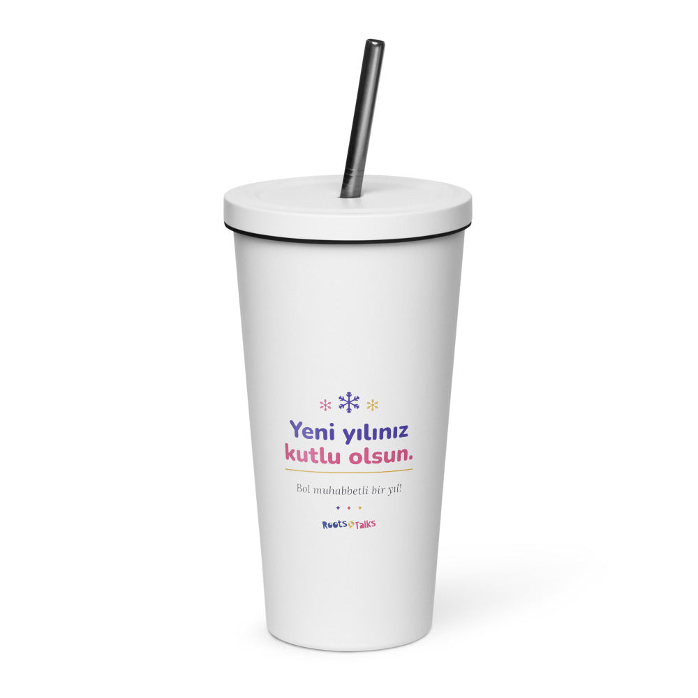 Yeni Yılınız Kutlu Olsun Insulated Tumbler with Straw, 20 oz, Roots & Talks - White