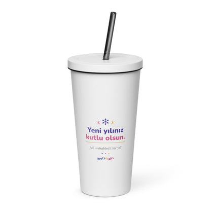 Yeni Yılınız Kutlu Olsun Insulated Tumbler with Straw, 20 oz, Roots & Talks - White