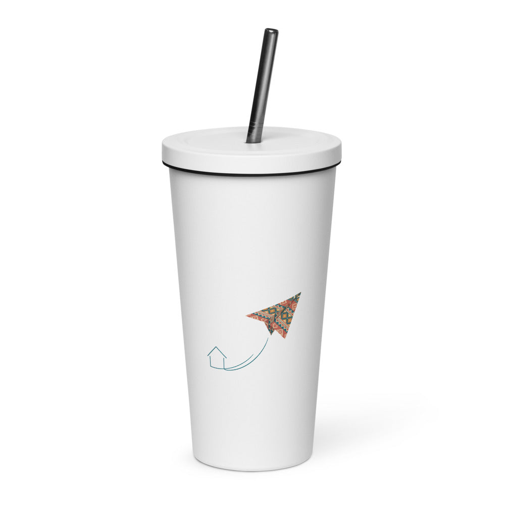 Kilim Flight Insulated Tumbler with Straw, 20 oz, Roots & Talks - White
