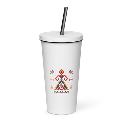 Elibelinde Insulated Tumbler with Straw, 20 oz, Roots & Talks - White