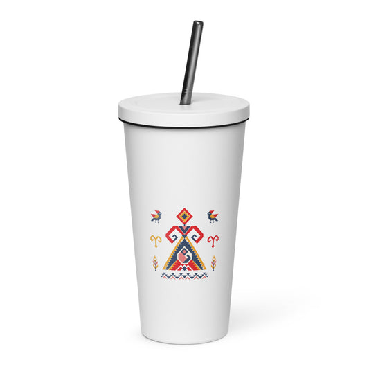 Elibelinde Insulated Tumbler with Straw, 20 oz, Roots & Talks - White
