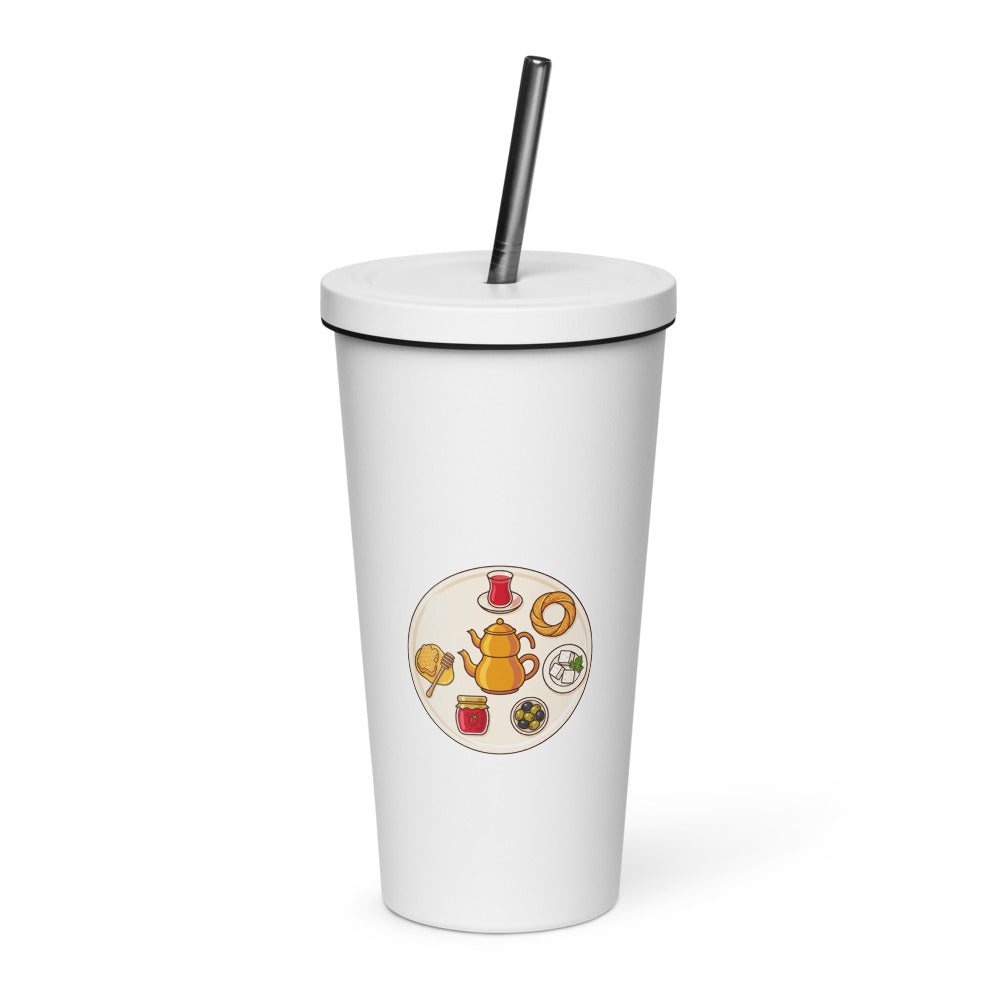 Turkish Breakfast Table Insulated Tumbler with Straw, 20 oz, Roots & Talks - White