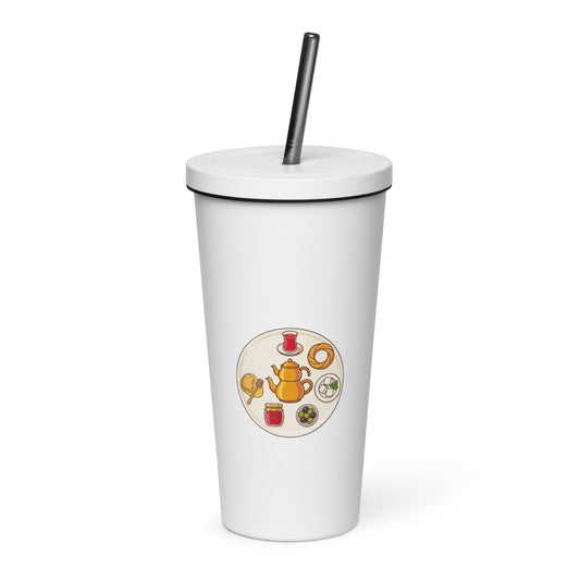 Turkish Breakfast Table Insulated Tumbler with Straw, 20 oz, Roots & Talks - White