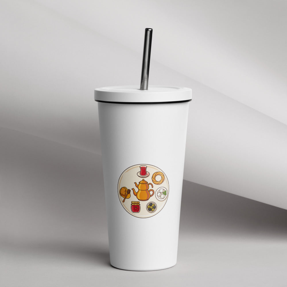 Turkish Breakfast Table Insulated Tumbler with Straw, 20 oz, Roots & Talks - lifestyle photo 1