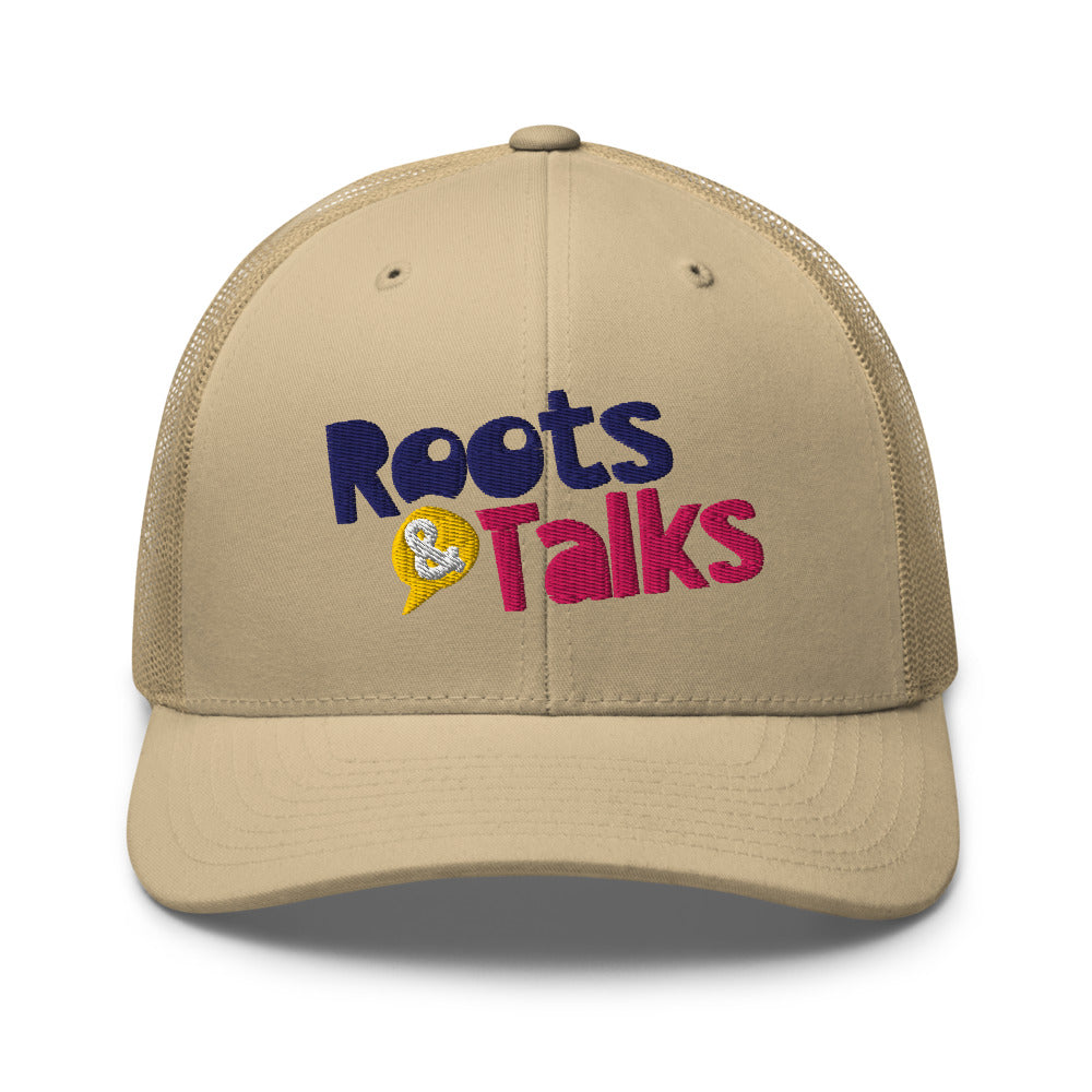 Roots & Talks Logo Embroidered Retro Trucker Cap - Khaki