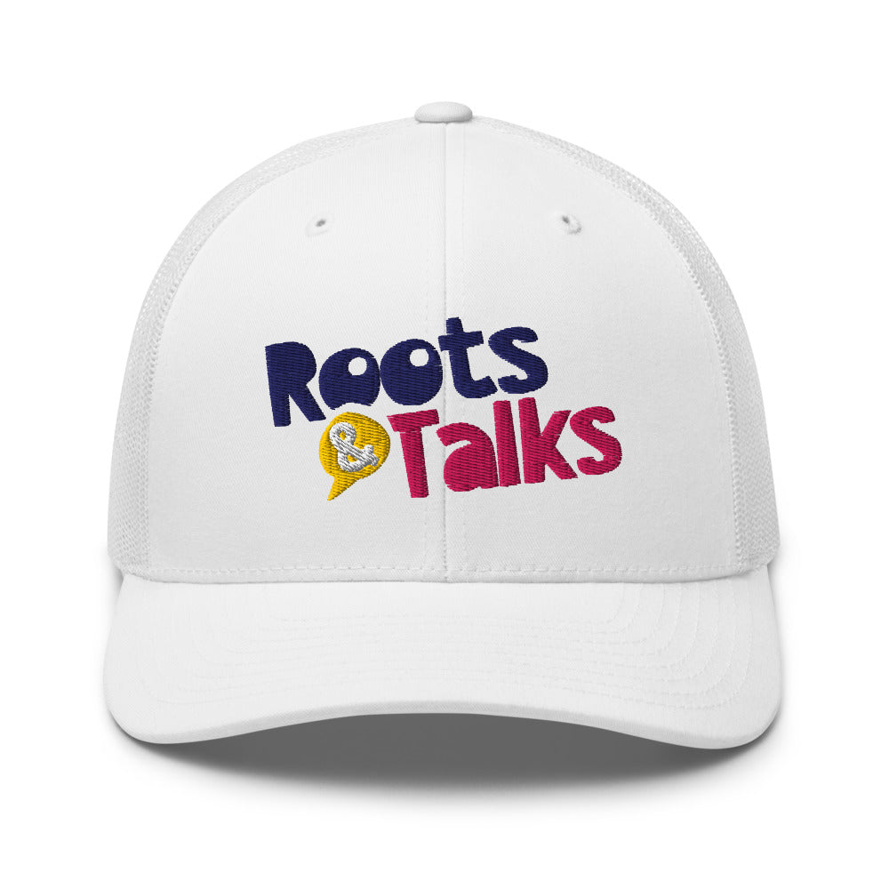 Roots & Talks Logo Embroidered Retro Trucker Cap - White