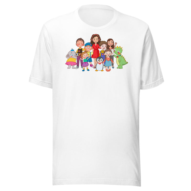 White T-shirt with the full Roots & Talks character group