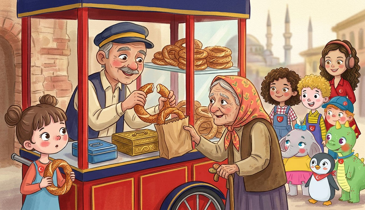A simit seller and an old woman at a red cart