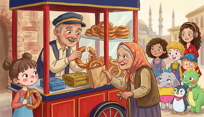 A simit seller and an old woman at a red cart