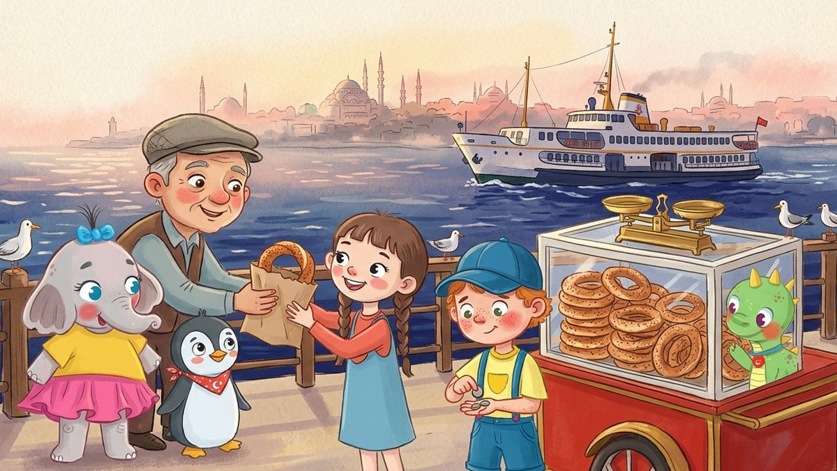 Children and a simit cart by the water in Istanbul