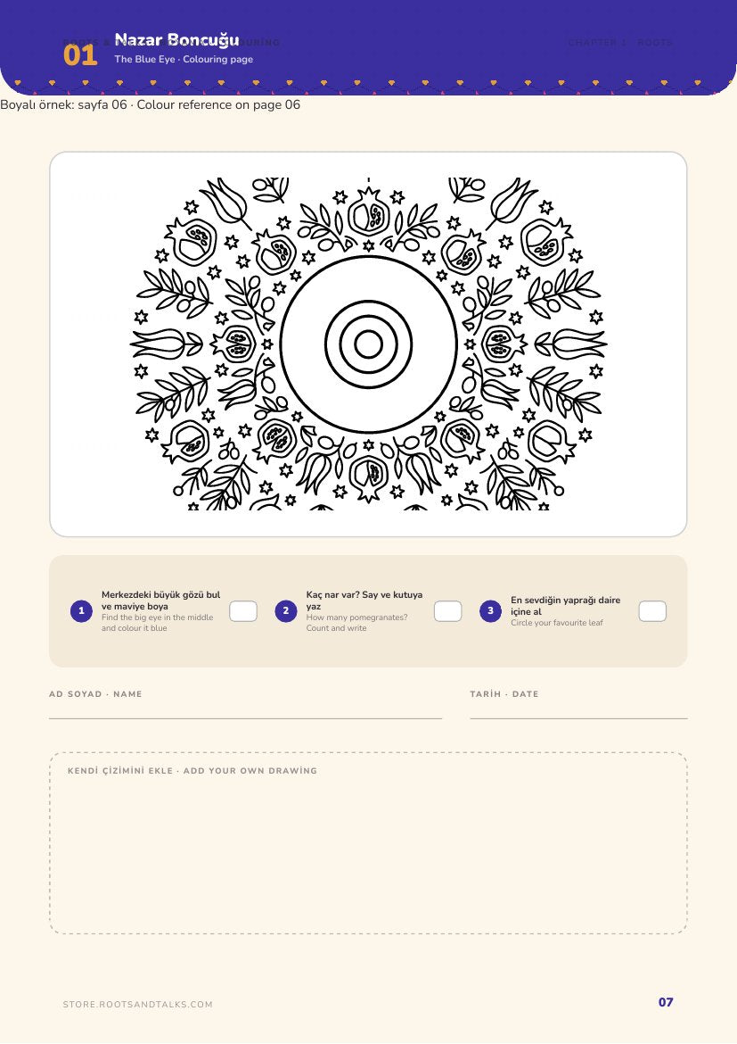 A coloring page about the nazar bead from Colors of Anatolia