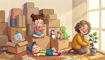 Children, boxes and a fig sapling in a new house