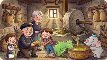 Children at an olive mill with a round stone
