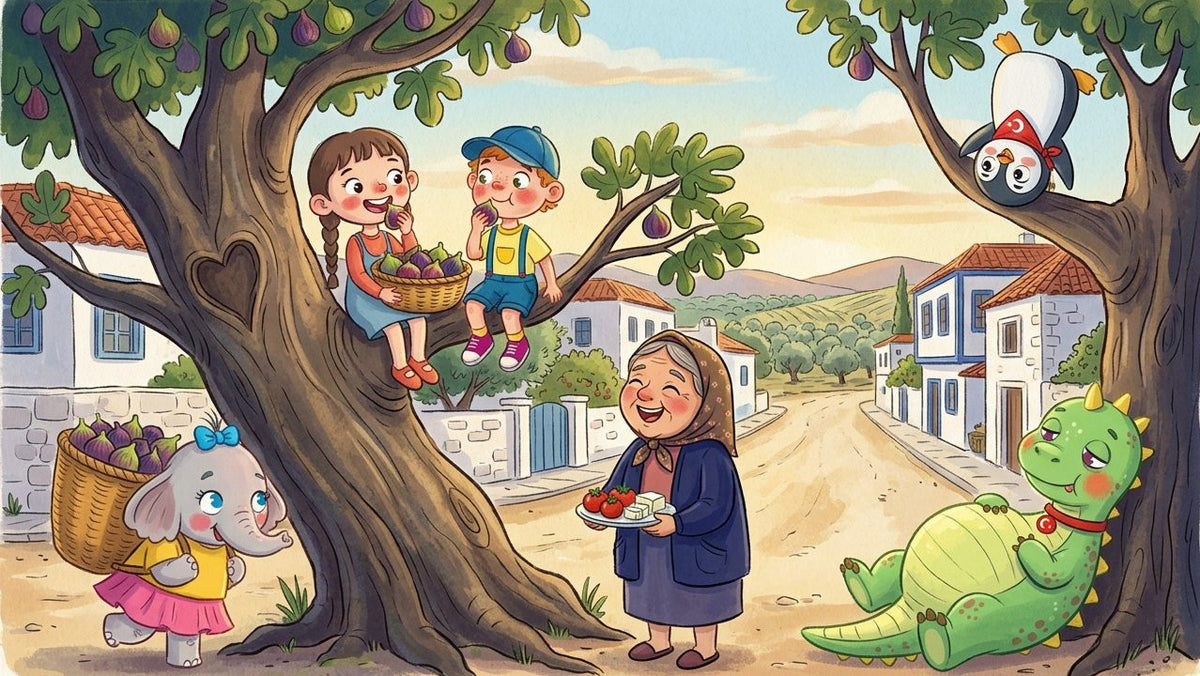 Children and a grandmother under a fig tree in a village