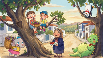 Children and a grandmother under a fig tree in a village