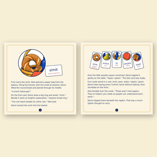 Two inside pages of The Picnic of Little Words with a picnic basket and word cards