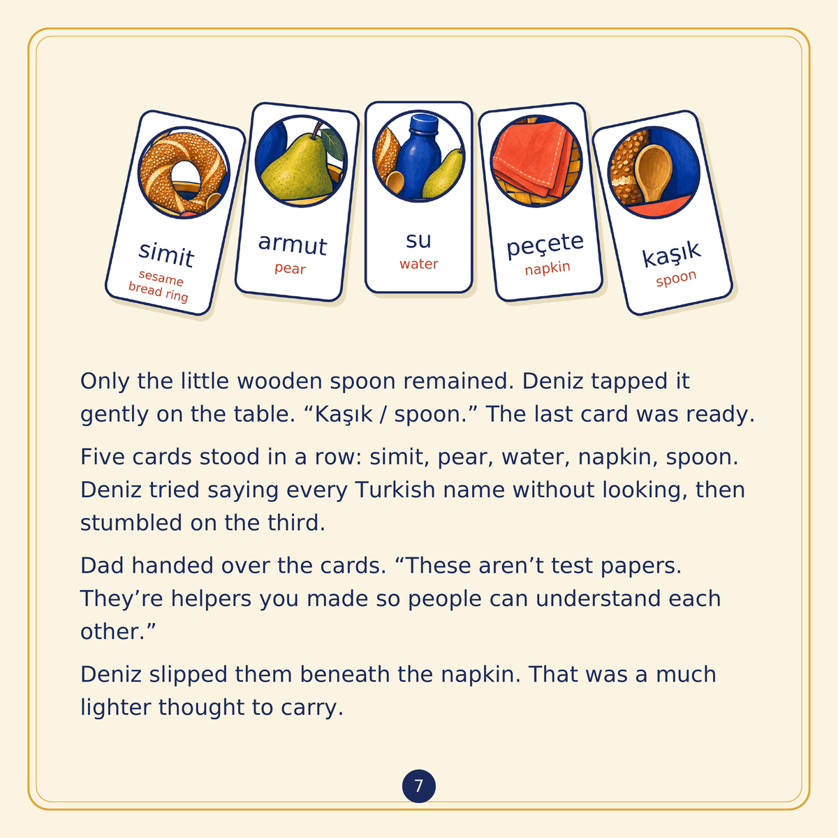 A story page with five picnic word cards in a row