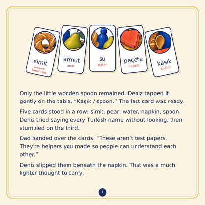 A story page with five picnic word cards in a row