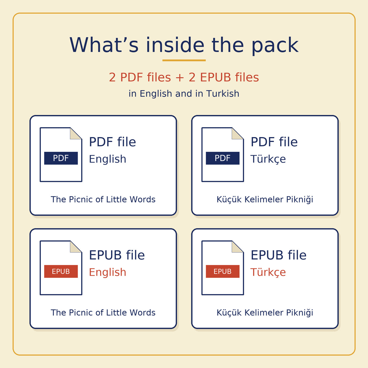 The pack holds two PDF files and two EPUB files, in English and in Turkish