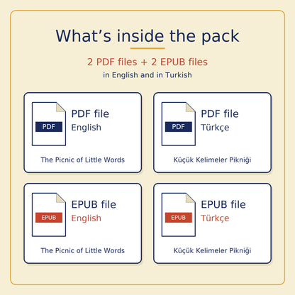 The pack holds two PDF files and two EPUB files, in English and in Turkish