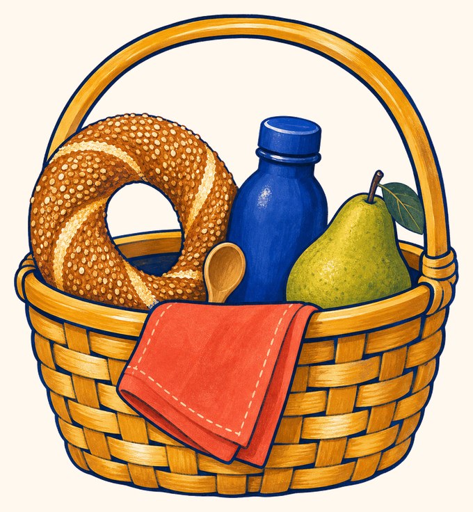 A picnic basket with a simit, a pear, a water bottle, a red napkin and a wooden spoon