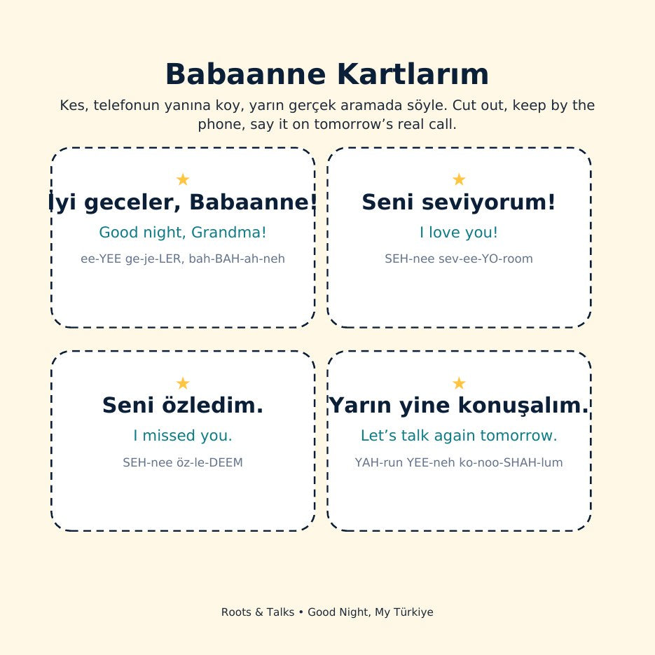 Phrase cards to cut out from Ela and the Star That Flew to Grandma, for a call with Grandma
