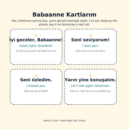 Phrase cards to cut out from Ela and the Star That Flew to Grandma, for a call with Grandma
