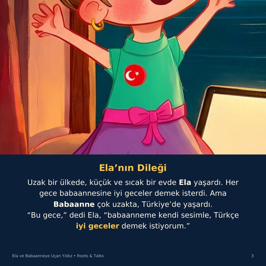 A story page from Ela and the Star That Flew to Grandma, with the Turkish text and an English hint