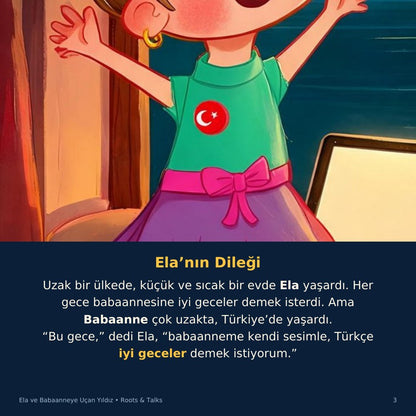 A story page from Ela and the Star That Flew to Grandma, with the Turkish text and an English hint