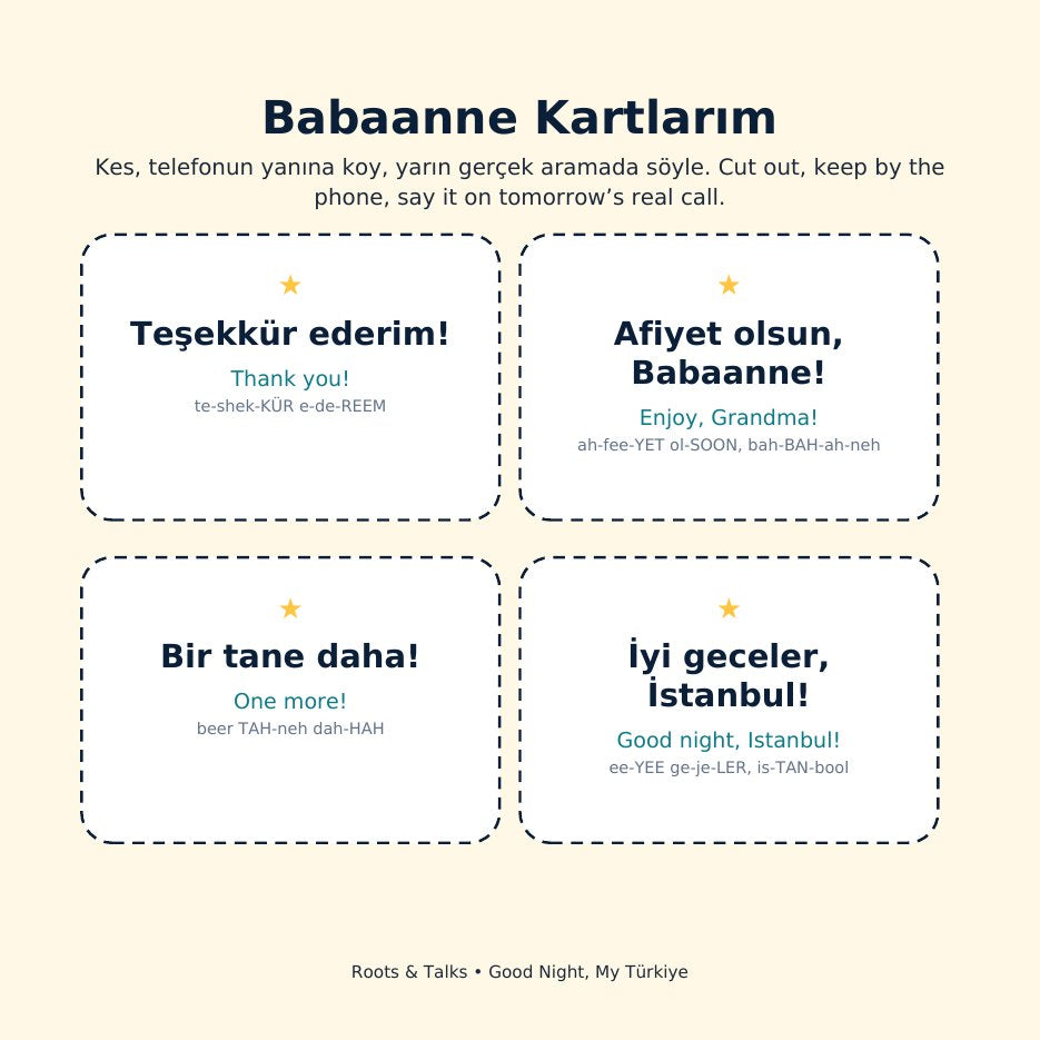 Phrase cards to cut out from Pingucan and the Simit Moon, for a call with Grandma
