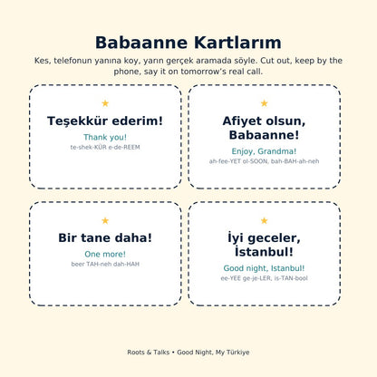Phrase cards to cut out from Pingucan and the Simit Moon, for a call with Grandma