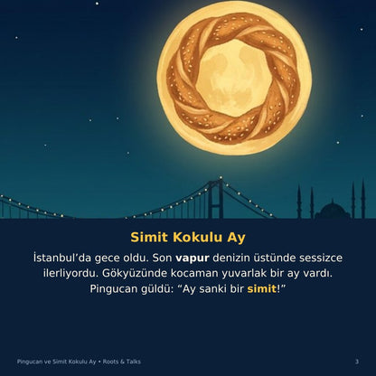 A story page from Pingucan and the Simit Moon, with the Turkish text and an English hint