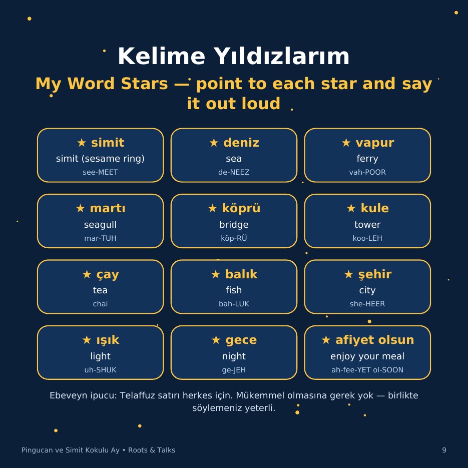 The Word Stars page from Pingucan and the Simit Moon: twelve Turkish words with English meanings and pronunciation