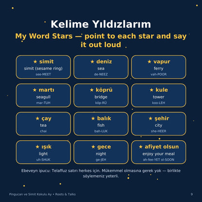 The Word Stars page from Pingucan and the Simit Moon: twelve Turkish words with English meanings and pronunciation