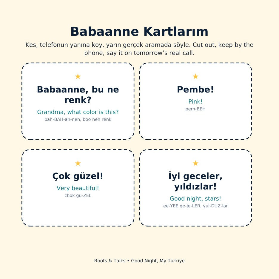 Phrase cards to cut out from Filiz Paints the Stars, for a call with Grandma