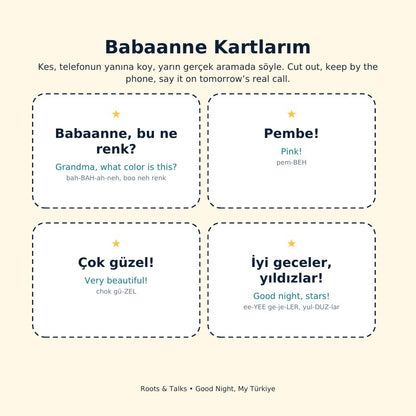 Phrase cards to cut out from Filiz Paints the Stars, for a call with Grandma