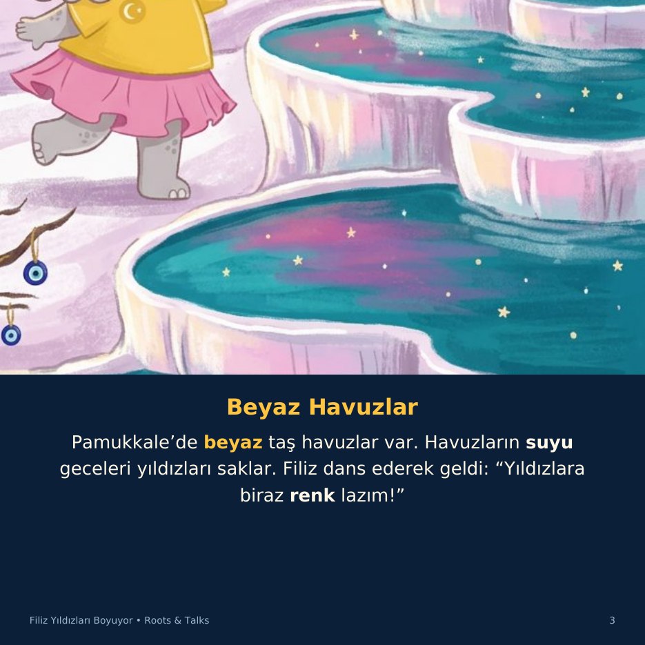 A story page from Filiz Paints the Stars, with the Turkish text and an English hint