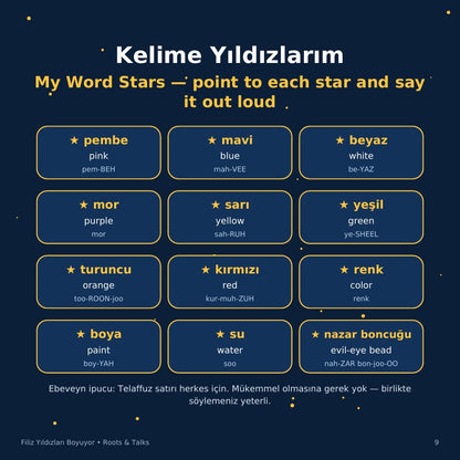 The Word Stars page from Filiz Paints the Stars: twelve Turkish words with English meanings and pronunciation