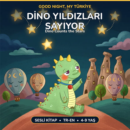 Cover of Dino Counts the Stars, a Turkish–English bedtime audio book for kids