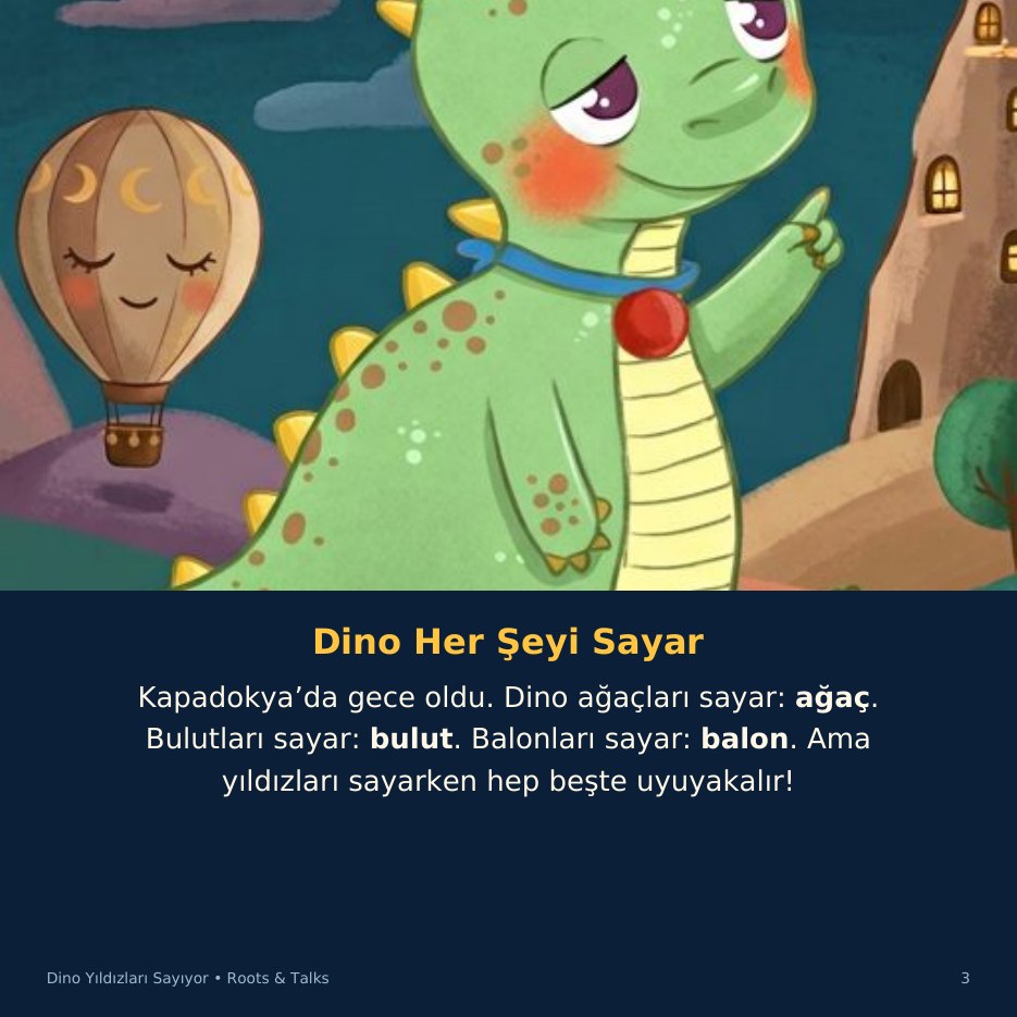 A story page from Dino Counts the Stars, with the Turkish text and an English hint