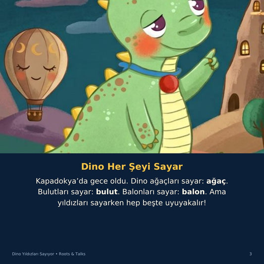 A story page from Dino Counts the Stars, with the Turkish text and an English hint