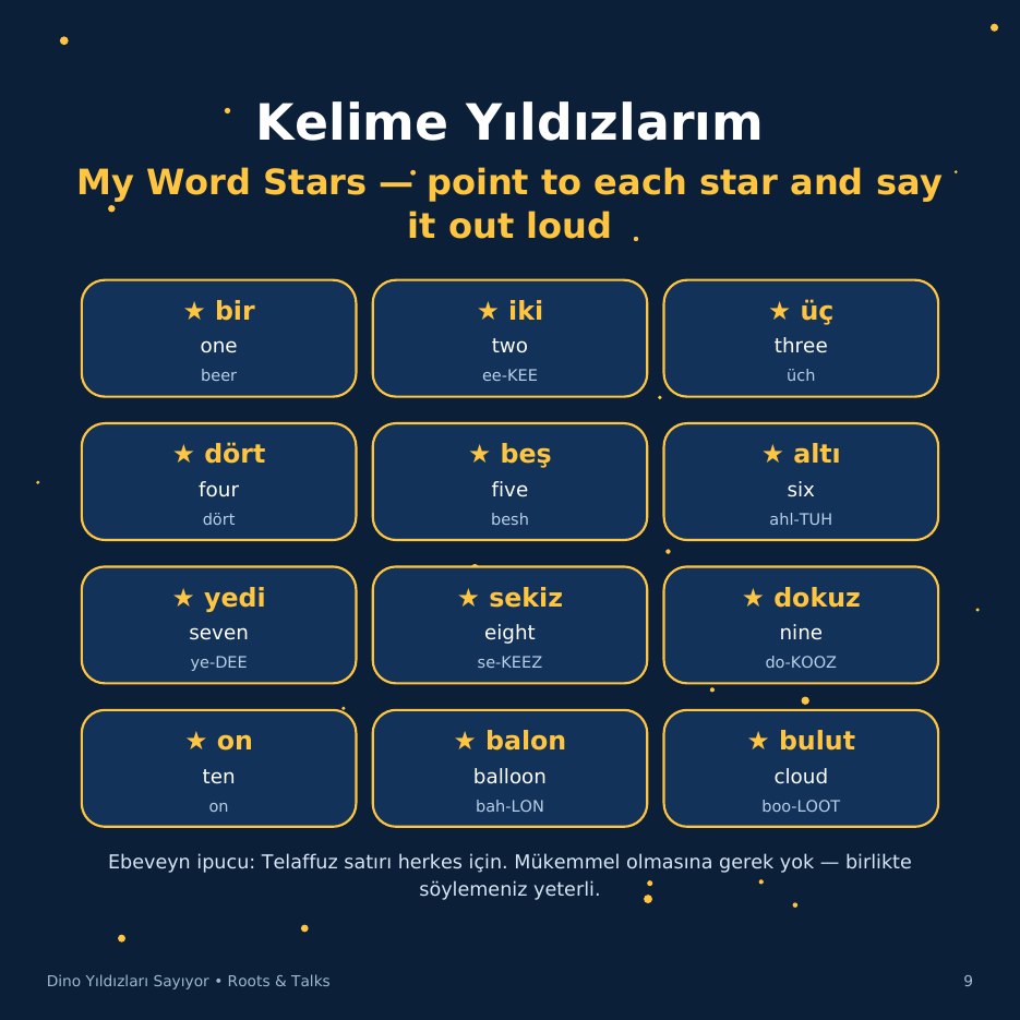 The Word Stars page from Dino Counts the Stars: twelve Turkish words with English meanings and pronunciation
