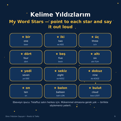 The Word Stars page from Dino Counts the Stars: twelve Turkish words with English meanings and pronunciation