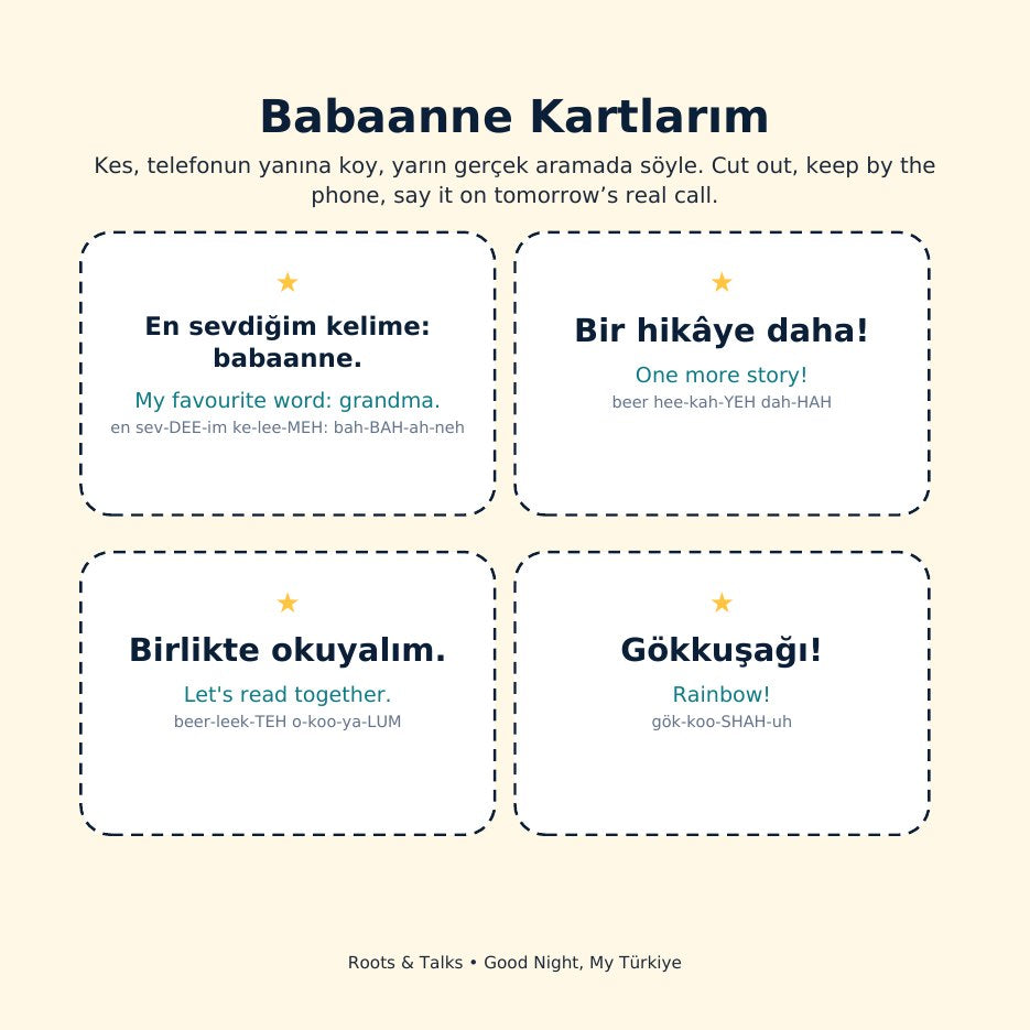 Phrase cards to cut out from Eylül's Rainbow Words, for a call with Grandma