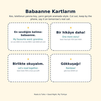 Phrase cards to cut out from Eylül's Rainbow Words, for a call with Grandma