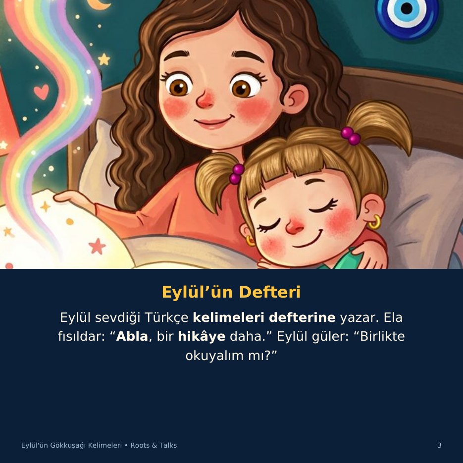 A story page from Eylül's Rainbow Words, with the Turkish text and an English hint