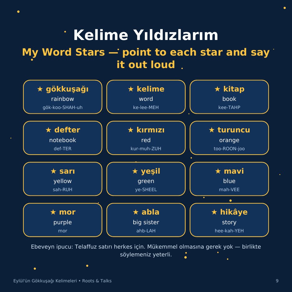 The Word Stars page from Eylül's Rainbow Words: twelve Turkish words with English meanings and pronunciation